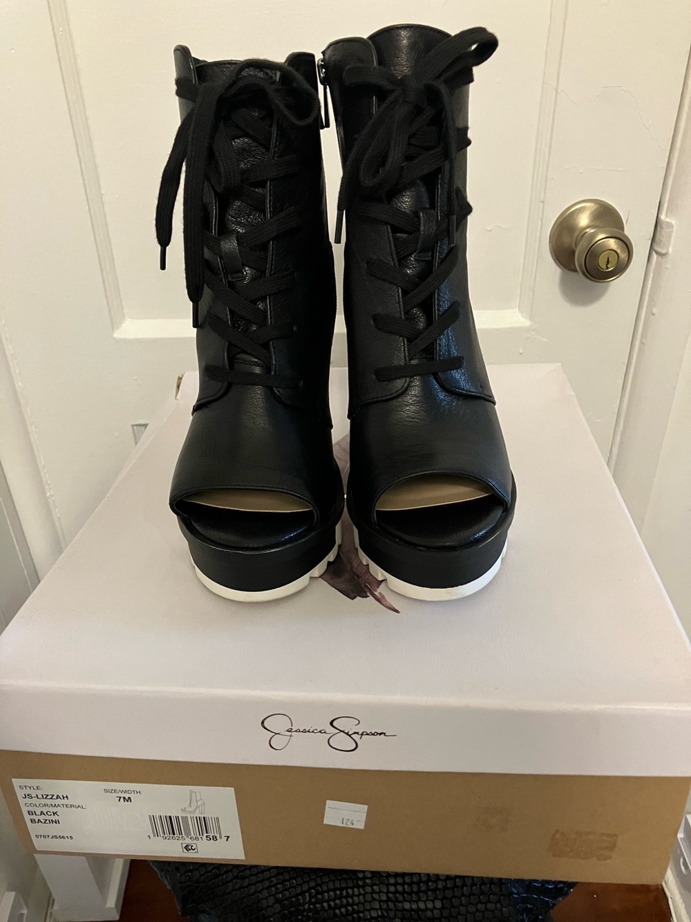 Jessica Simpson Black Lace-Up Peep Toe Platform Heeled Boots